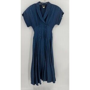 VINTAGE All That Jazz Blue Button A Line Midi Dress Size 3 Cottage Grunge EUC